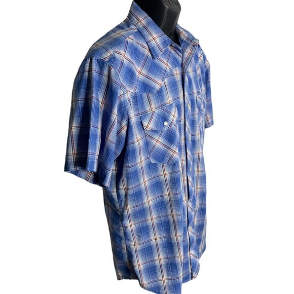 Wrangler Western Pearl Snap Shirt L Blue Plaid Short Sleeve Pockets One Point - Picture 5 of 6